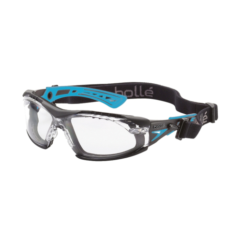 WORKWEAR, SAFETY & CORPORATE CLOTHING SPECIALISTS  - RUSH+ SMALL SEAL Black / Blue Temples PLATINUM AS/AF Clear Lens - Assembled with Gasket & Strap - Spectacles