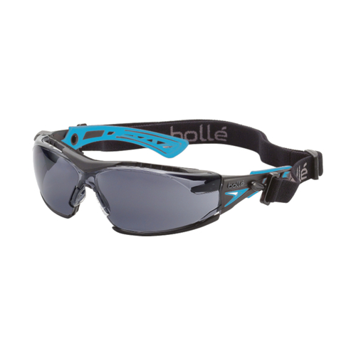 WORKWEAR, SAFETY & CORPORATE CLOTHING SPECIALISTS  - RUSH+ SMALL SEAL Black / Blue Temples PLATINUM AS/AF Smoke Lens - Assembled with Gasket & Strap - Spectacles