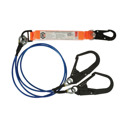 WORKWEAR, SAFETY & CORPORATE CLOTHING SPECIALISTS  - LINQ Elite Double Leg Shock Absorbing 2M Wire Rope Lanyard with Hardware SN & SD X2