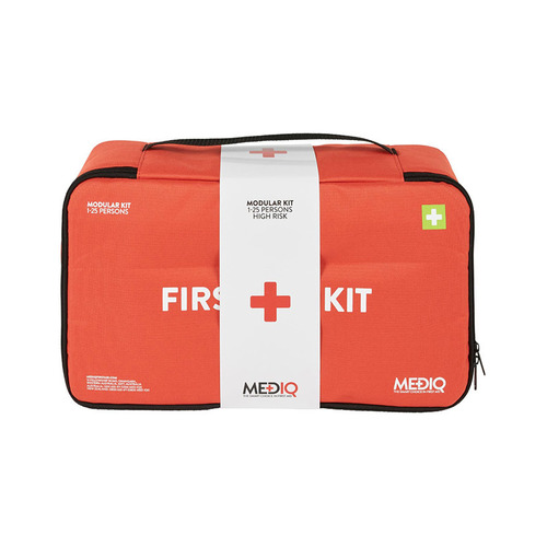 WORKWEAR, SAFETY & CORPORATE CLOTHING SPECIALISTS  - MEDIQ 5 x INCIDENT READY FIRST AID KIT IN ORANGE SOFT PACK 1-25 PERSONS HIGH RISK