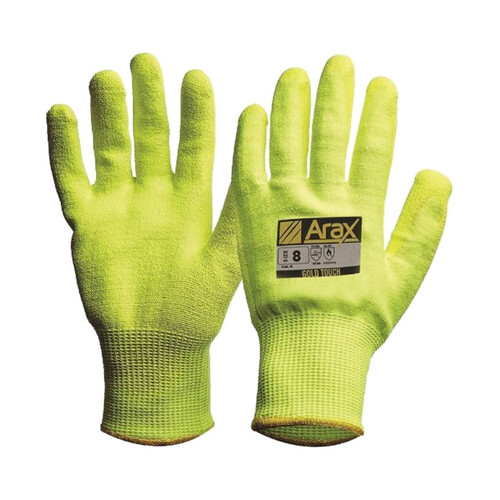 WORKWEAR, SAFETY & CORPORATE CLOTHING SPECIALISTS  - ARAX Gold. Hi Vis Yellow ARAX Liner with PU Dip Palm