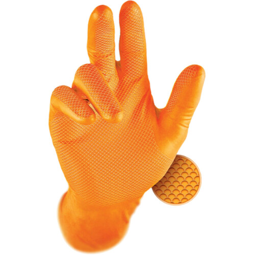 WORKWEAR, SAFETY & CORPORATE CLOTHING SPECIALISTS  - GRIPPAZ NON-SLIP ORANGE DISPOSABLE NITRILE GLOVES (50/BOX)