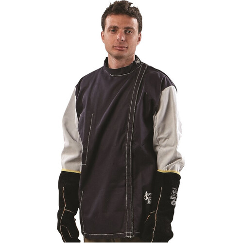 WORKWEAR, SAFETY & CORPORATE CLOTHING SPECIALISTS  - Blue Pyrovatex Jacket & Chrome Leather Sleeves