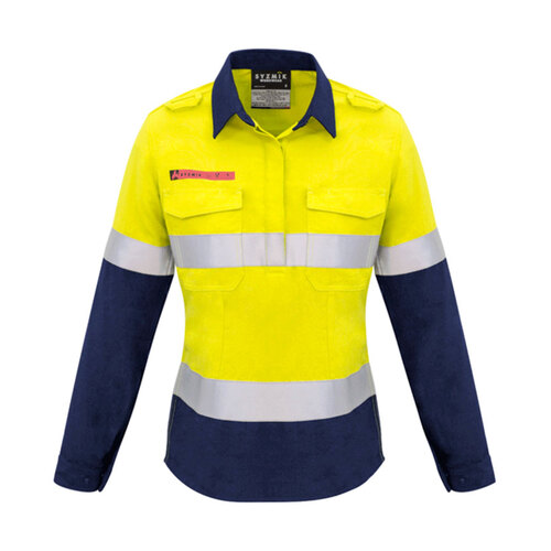 WORKWEAR, SAFETY & CORPORATE CLOTHING SPECIALISTS  - Womens Red Flame Hi Vis Closed Front Shirt - Hoop Taped